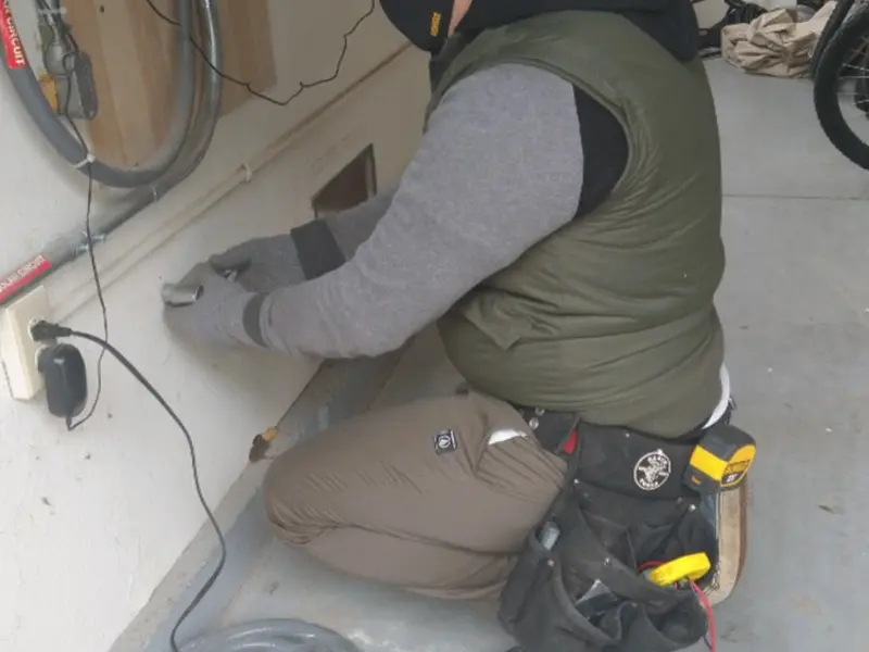 Electrician performing outlet wiring in a Fort Atkinson garage